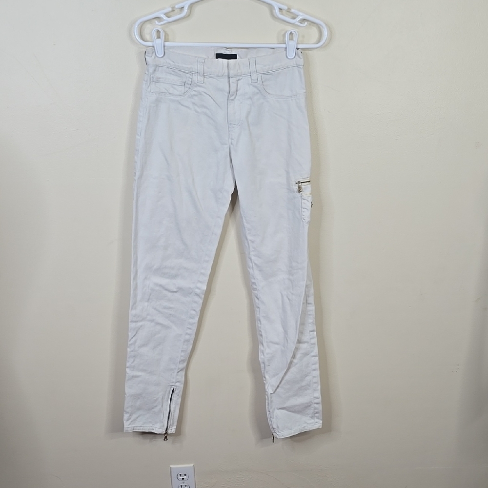 Prada Vintage 90s Y2K White Denim Cargo Pocket Triangle Logo Slim Zip Pants 26